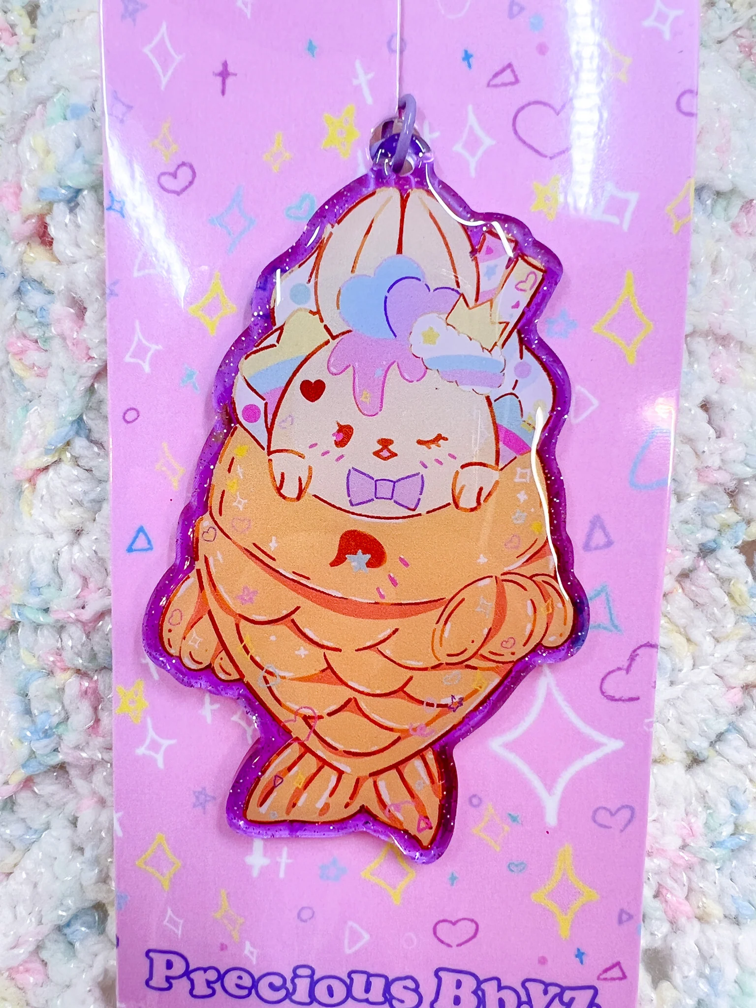Taiyaki Bunny Purple Glitter Kawaii Key Chain - Image 3